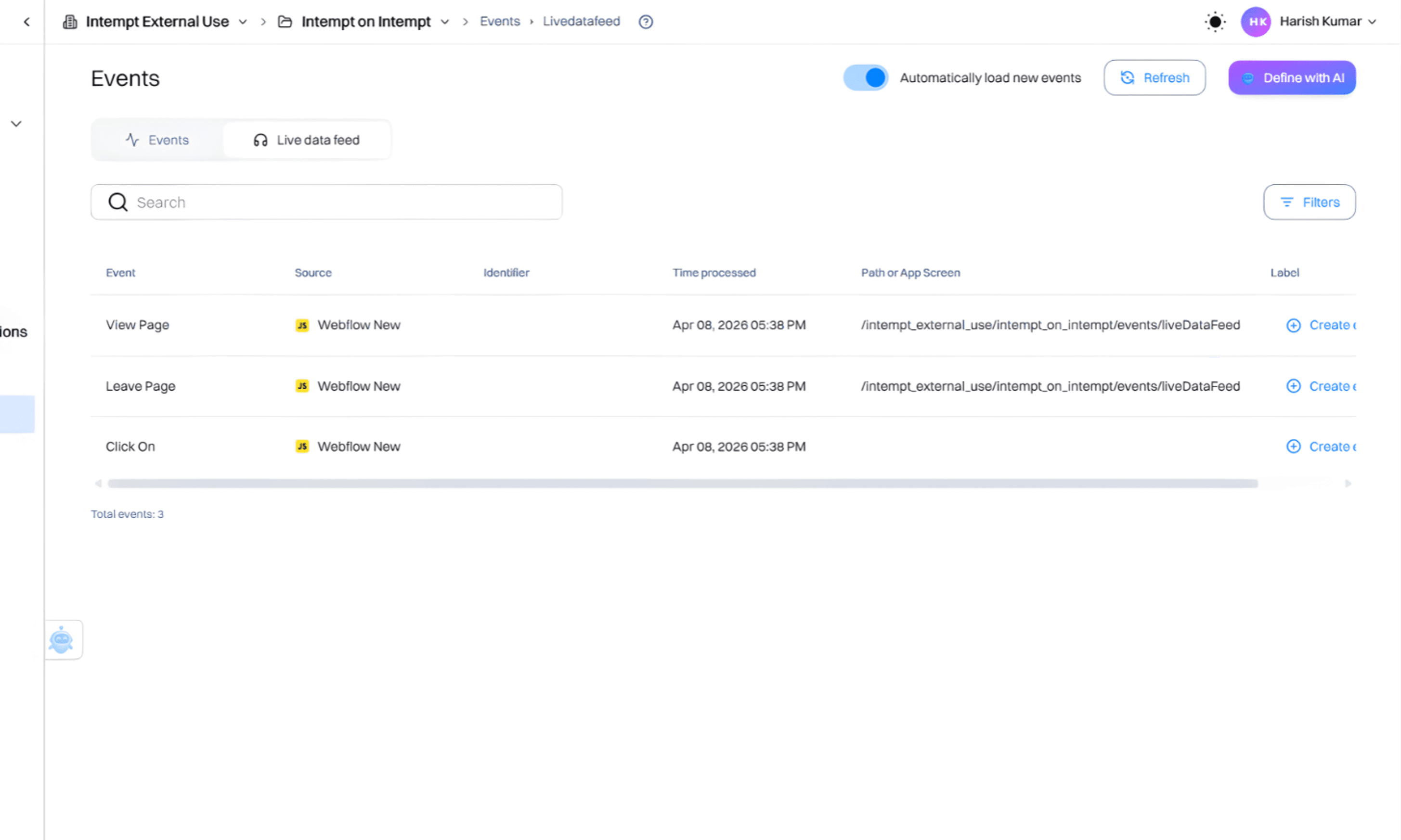 Step 1: Track events in Intempt live data feed