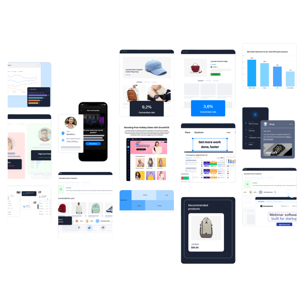 Growth tactics showcase featuring analytics, product recommendations, and customer engagement tools