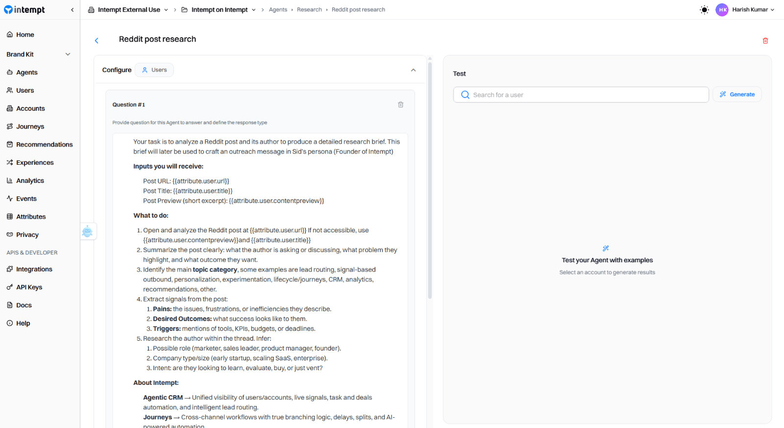 Set up the research agent in Intempt