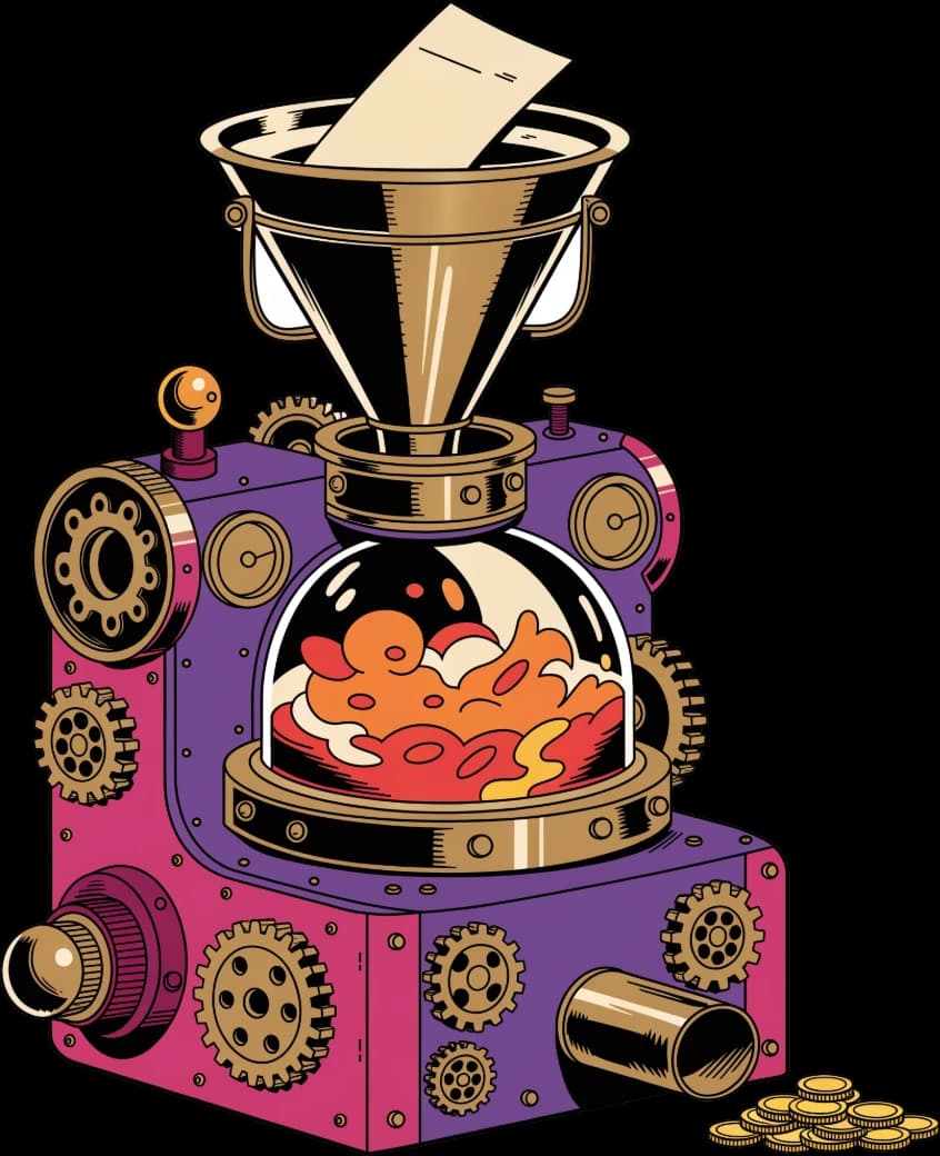 A brass and purple recipe machine taking in a card and dispensing coins.