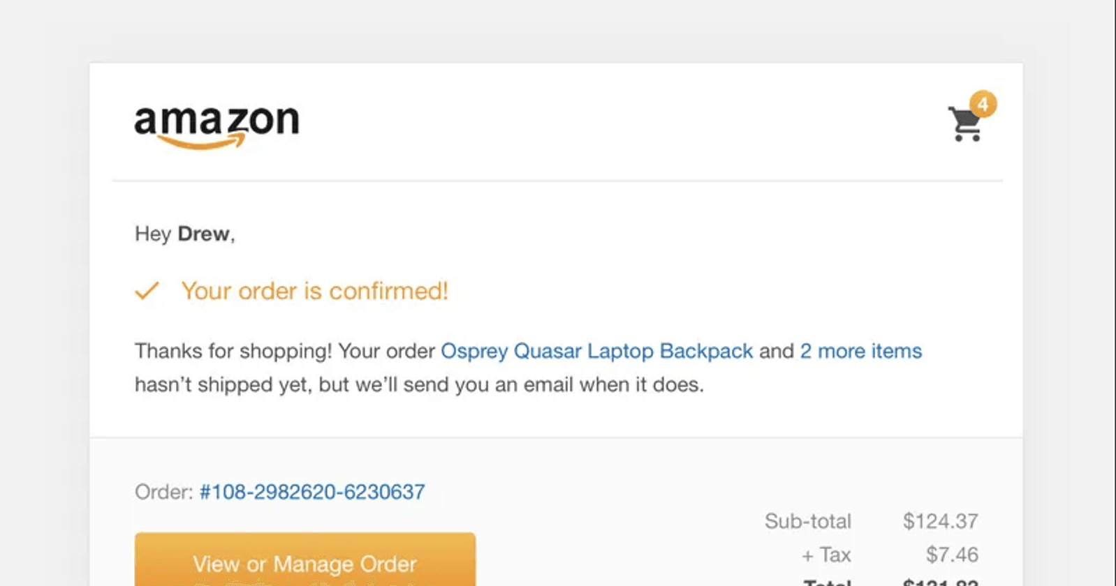 Amazon order confirmation email example