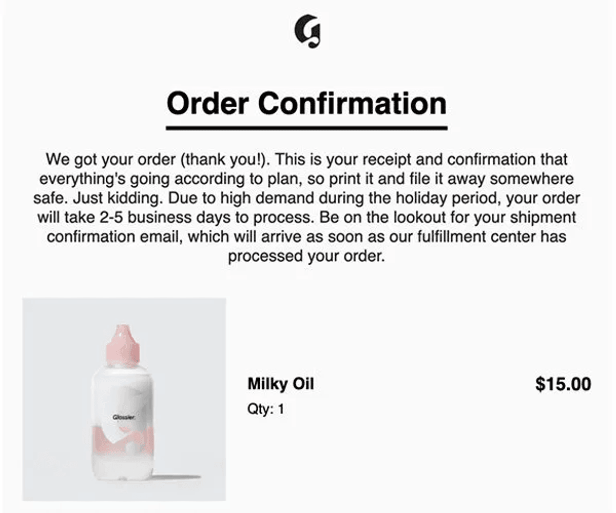 Glossier post-purchase education email example