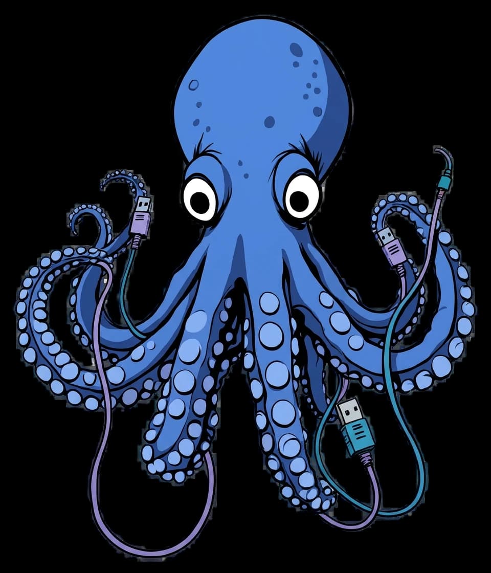 An octopus holding a different cable in each arm.