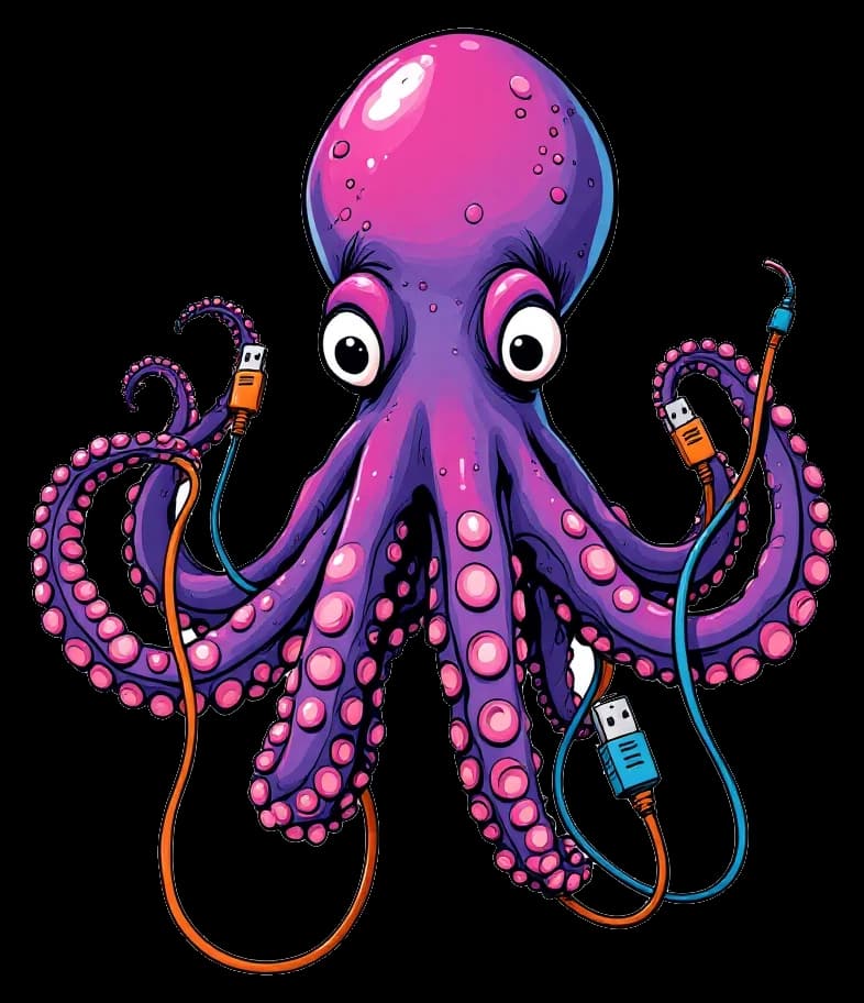 An octopus holding a different cable in each arm.