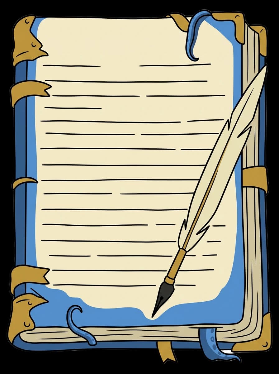 An open captain's logbook with a quill, an octopus arm curling round its corner.