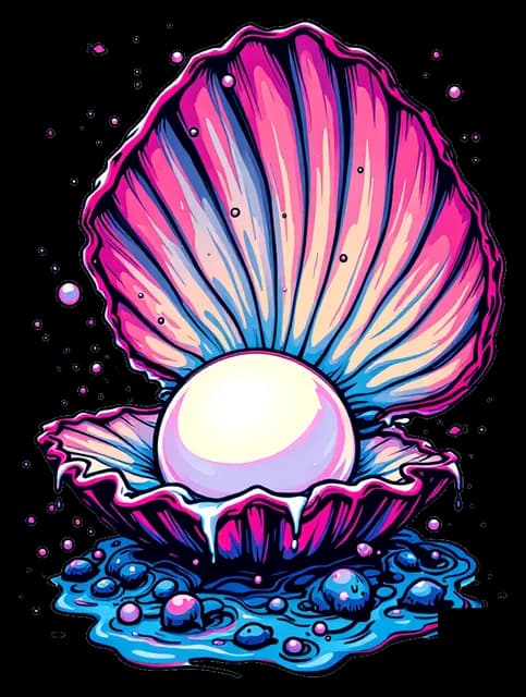A clam holding a glowing pearl as streams of bubbles flow into it.