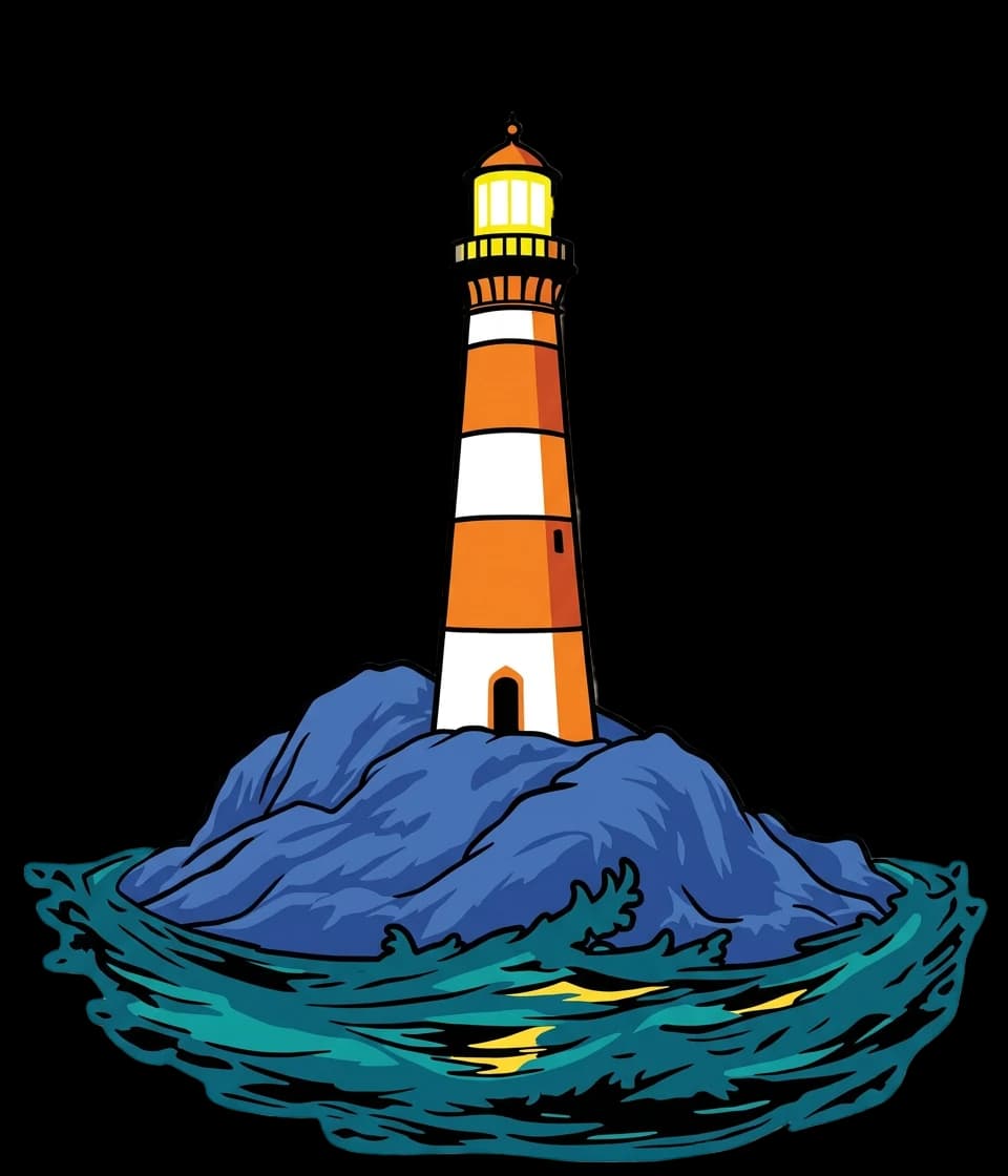 A striped lighthouse on a rock sending beams of light over the waves.