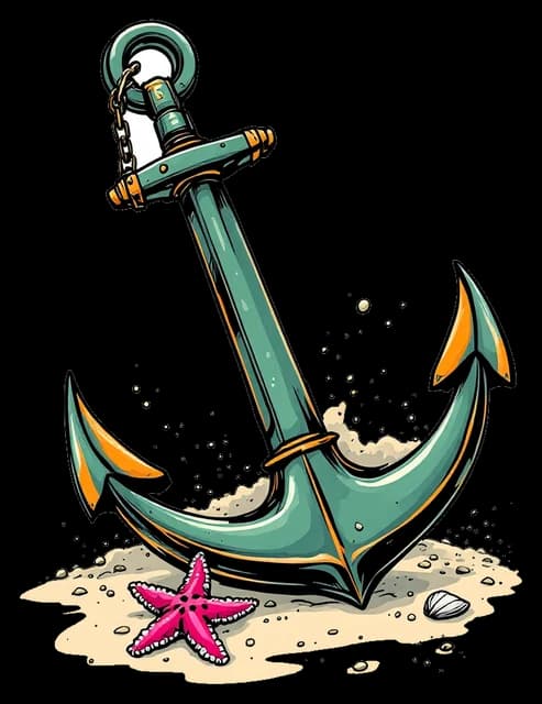 A ship anchor landing on the sandy sea floor beside a starfish.