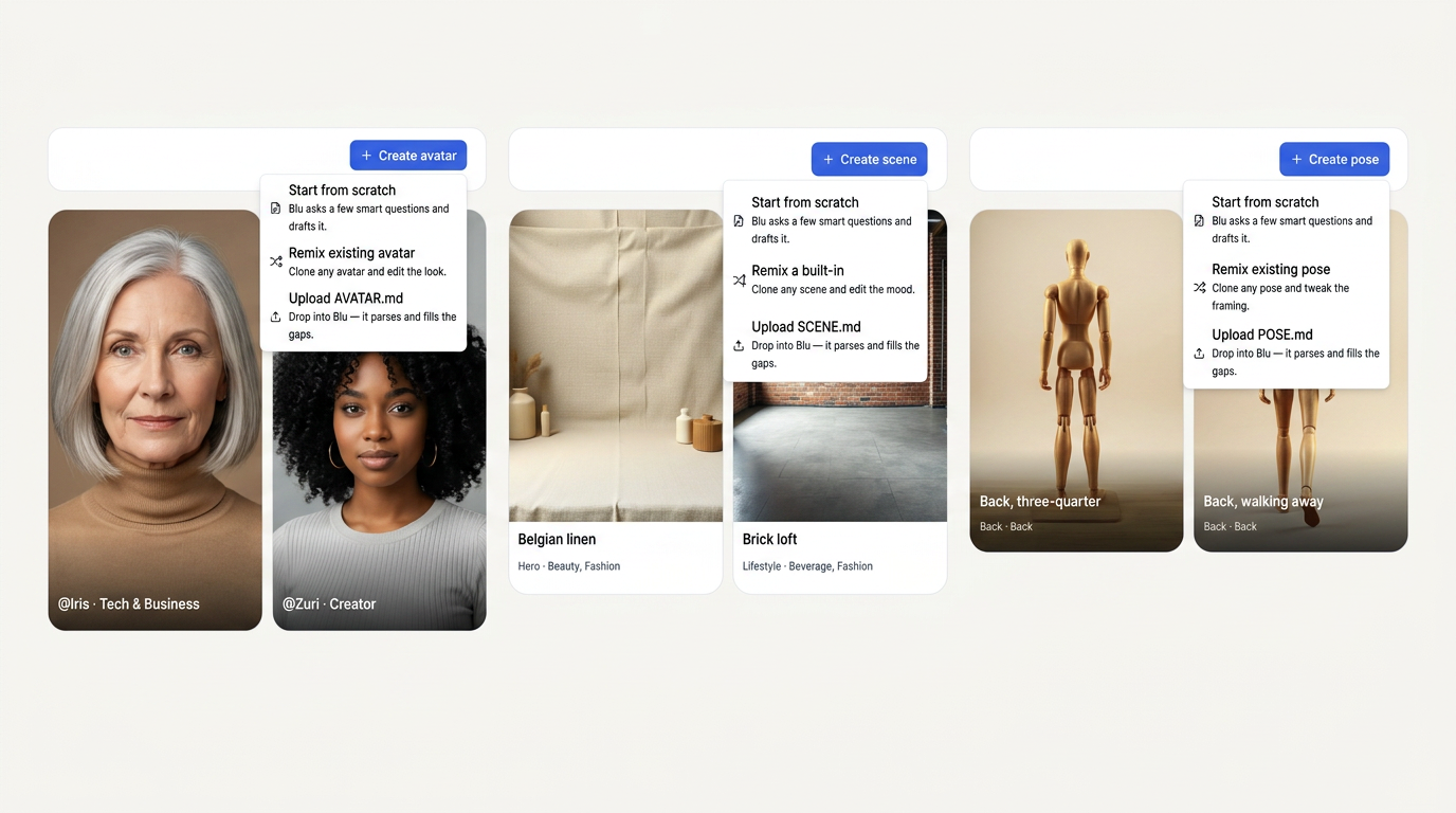 AI avatars, scenes, and poses library