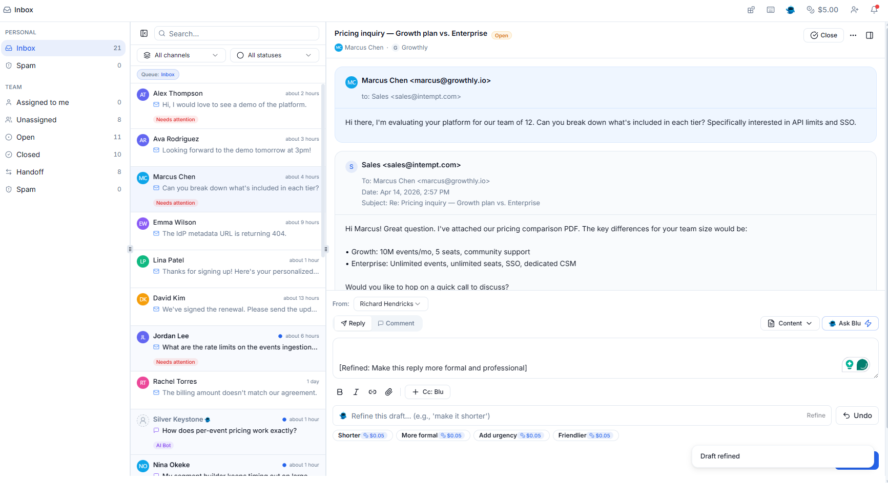 AI draft written from deal context and thread history
